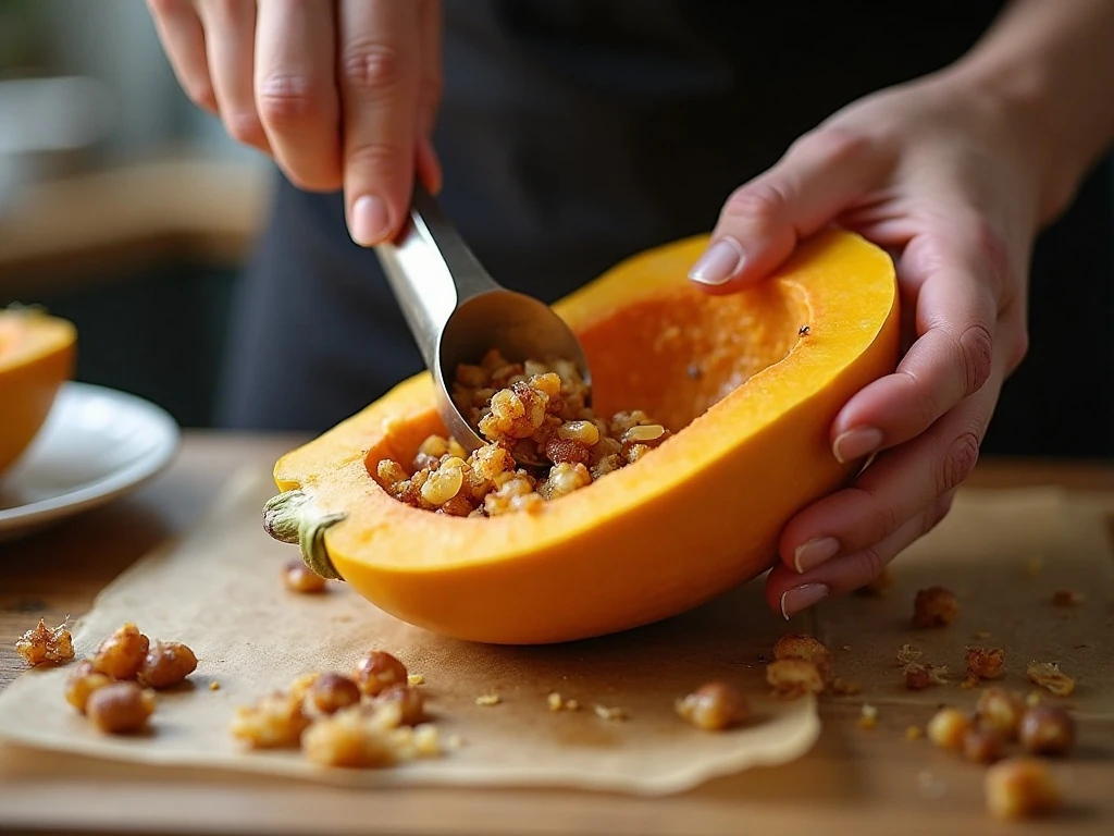 Preparing halved acorn squash by removing seeds and pulp