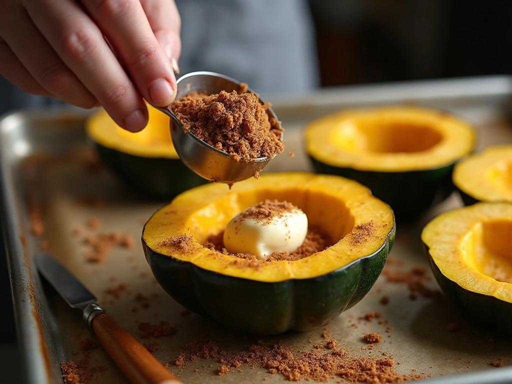Spreading butter and brown sugar seasoning over acorn squash