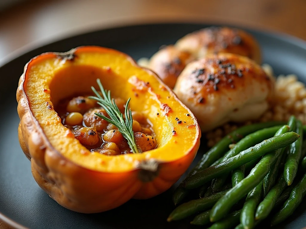 Baked acorn squash served with chicken, grains, and green beans
