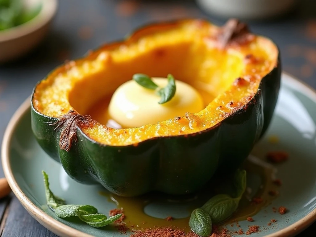 Close-up of warm baked acorn squash with glossy butter sauce