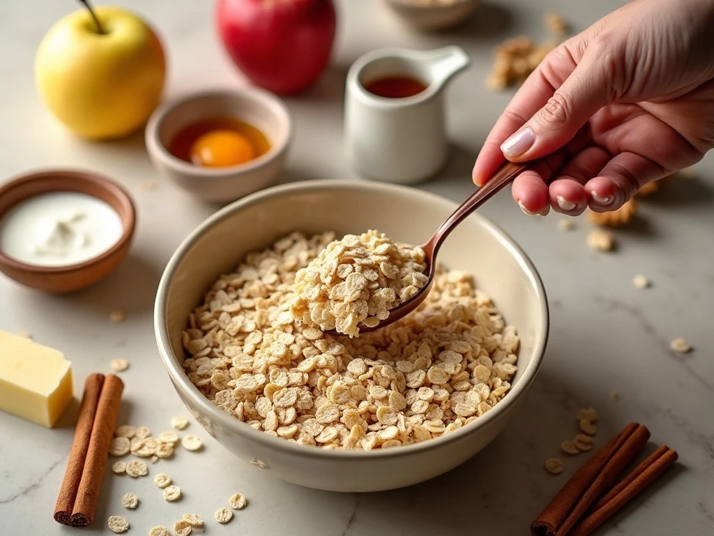 Ingredients for easy baked apple oatmeal arranged on a kitchen counter