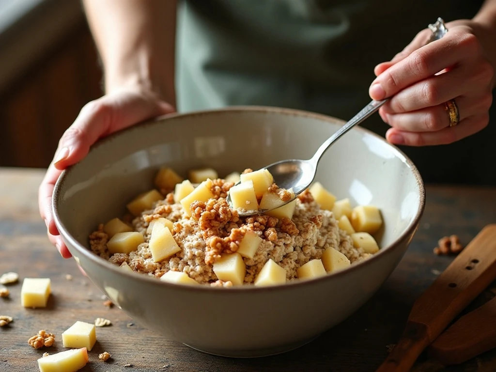 Diced apples and walnuts being folded into baked oatmeal mixture