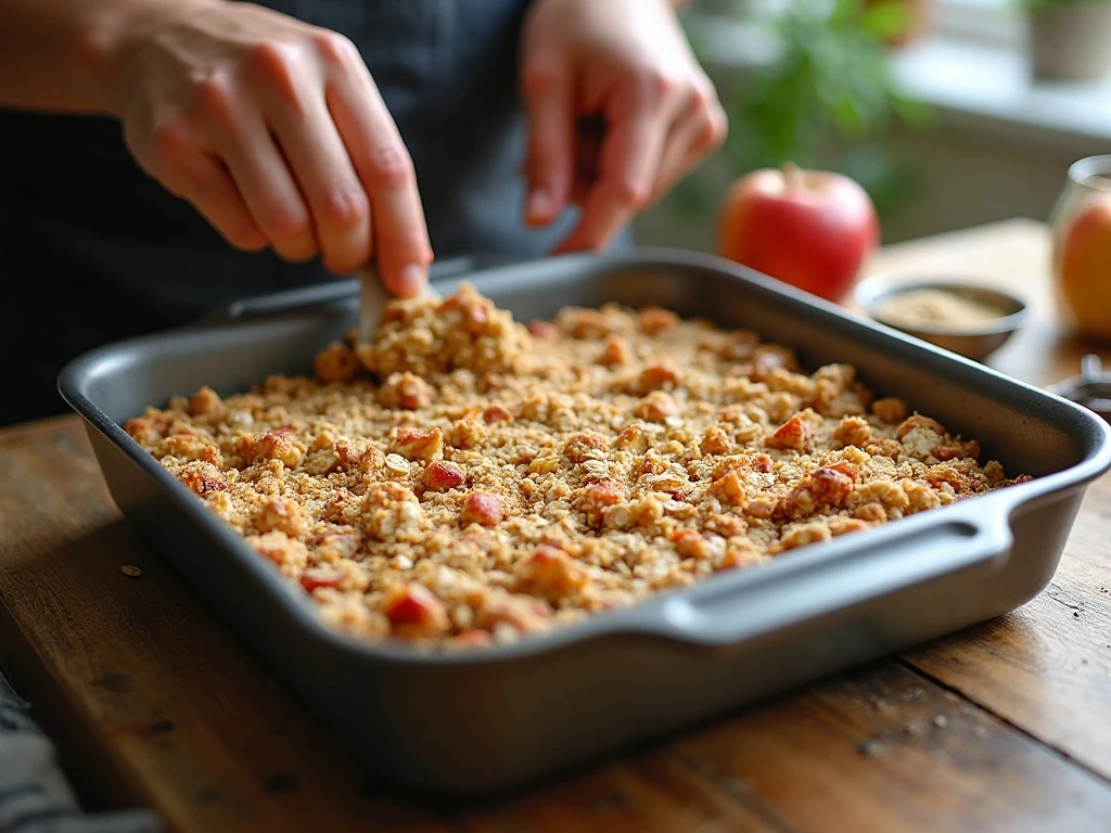 Apple oatmeal mixture spread evenly in a square baking dish