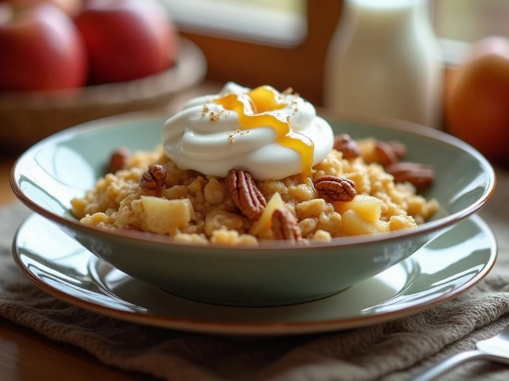 Warm baked apple oatmeal served with yogurt, pecans, and maple syrup