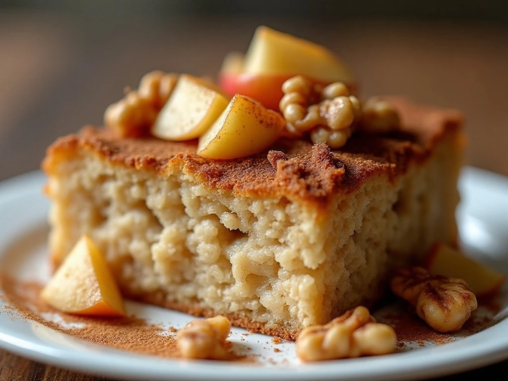 Close-up of moist baked apple oatmeal topped with apples and walnuts
