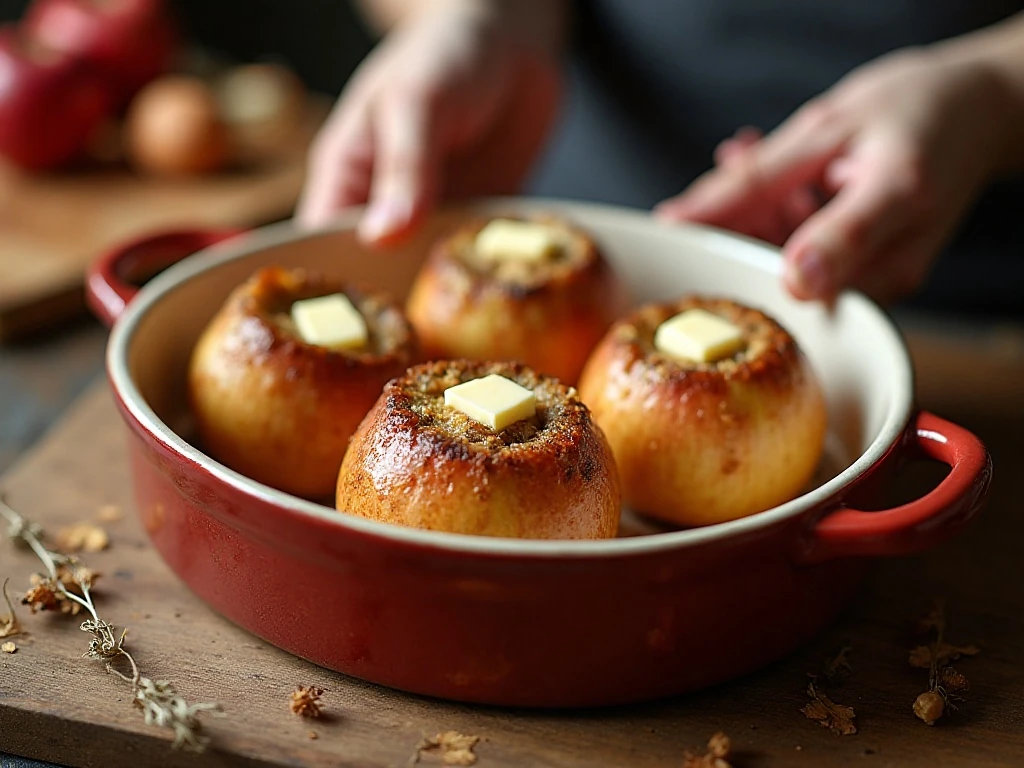 Stuffed apples arranged in a baking dish with cider before baking