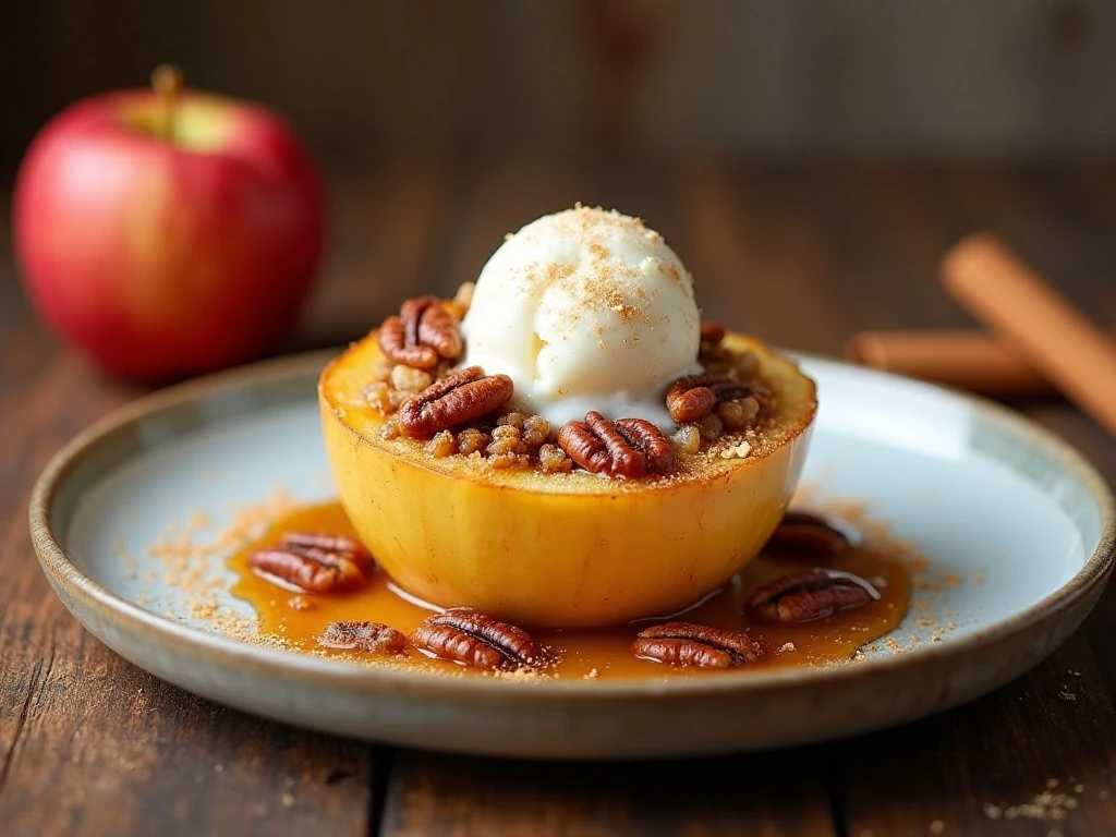 Warm baked apple served with vanilla ice cream