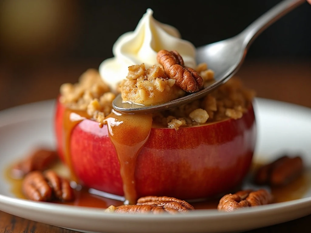 Close-up of tender baked apple filling and warm pan juices