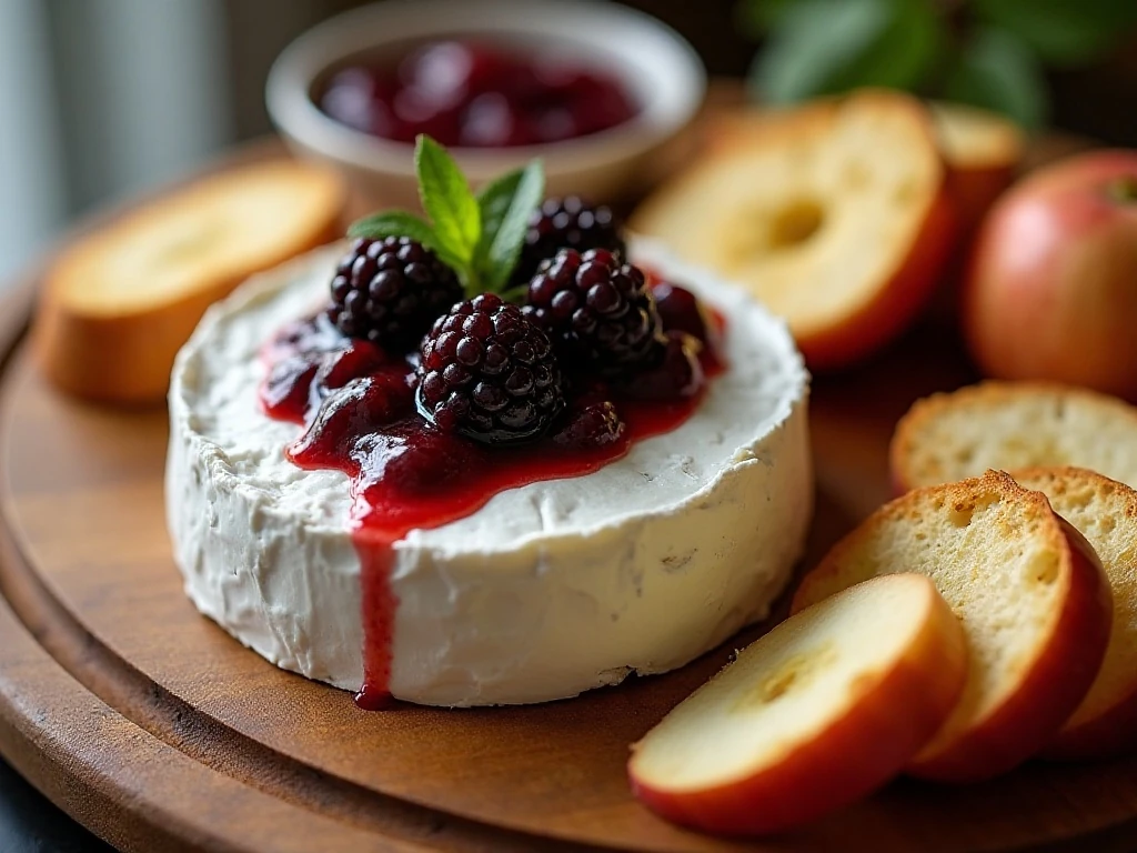 Warm baked Brie with blackberry compote served with crackers and apple slices