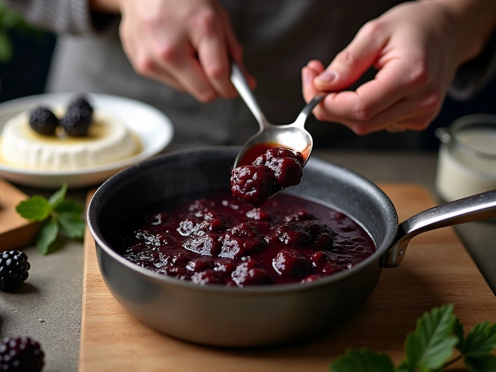 Blackberry compote simmering beside Brie ready for baking