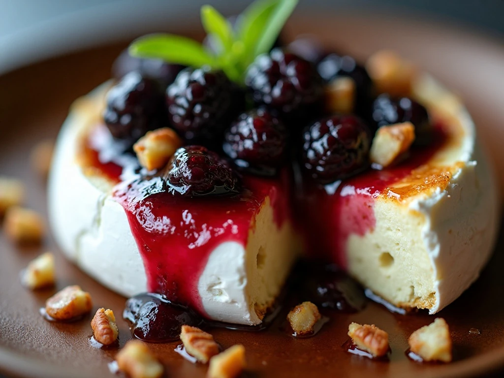 Baked Brie garnished with blackberry compote thyme pecans and honey