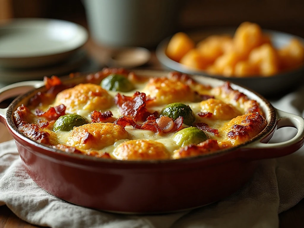 Creamy baked Brussels sprouts with bacon and cheese in a casserole dish