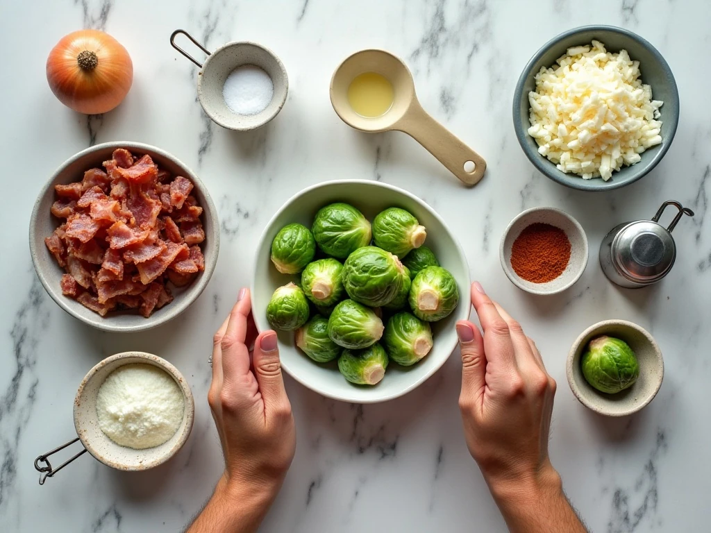 Ingredients for baked Brussels sprouts with bacon and cheese