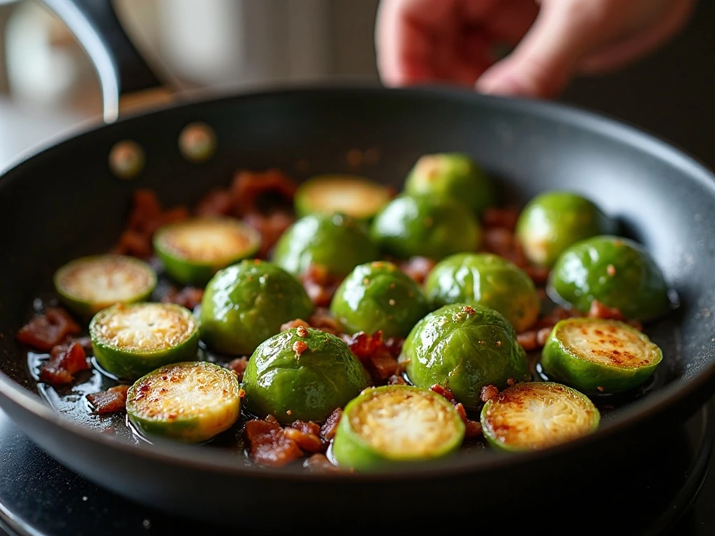 Brussels sprouts browning in a skillet before baking