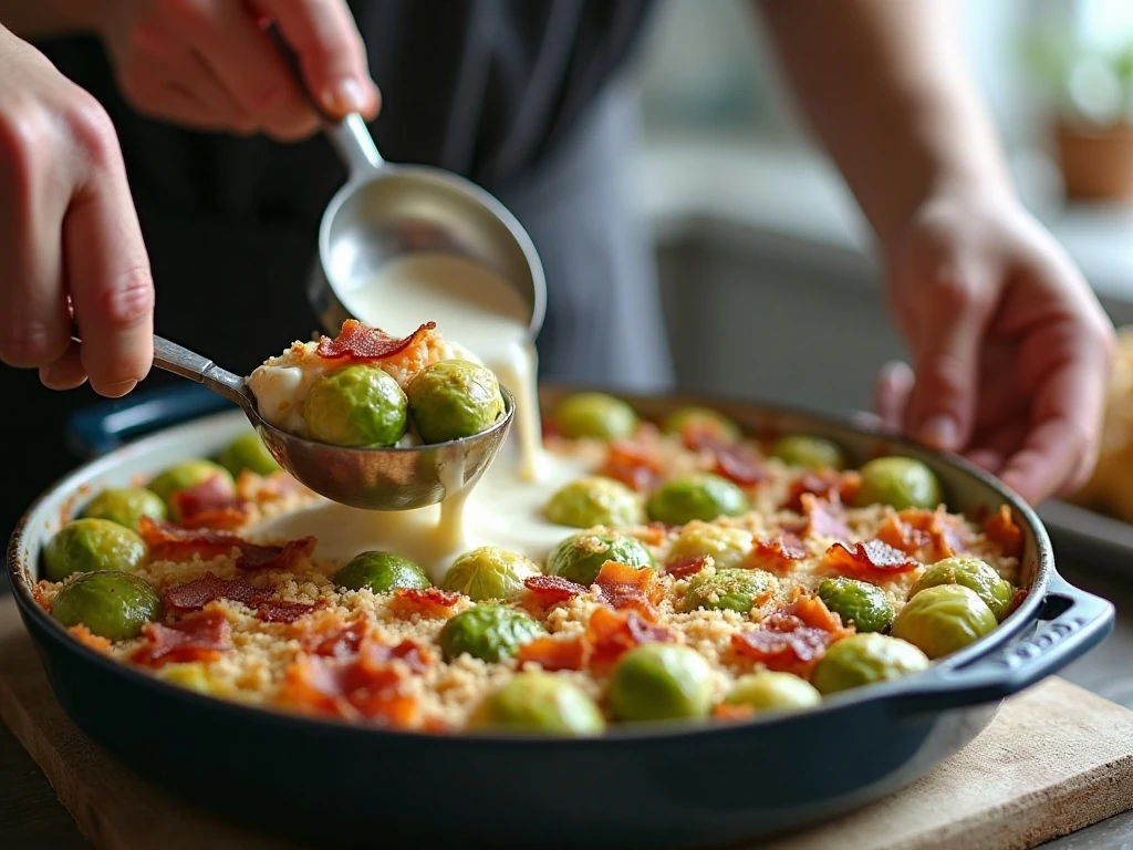 Preparing creamy Brussels sprouts casserole with bacon and cheese