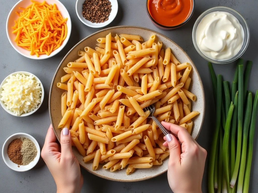 Ingredients for easy baked buffalo chicken pasta arranged for cooking