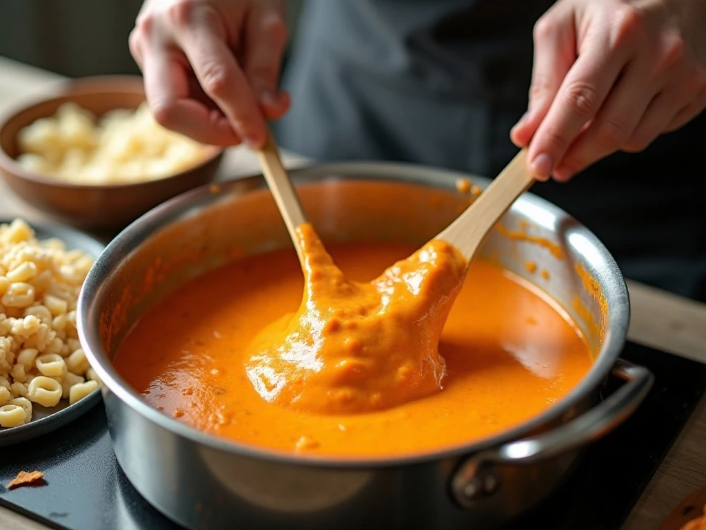 Preparing creamy buffalo sauce and pasta for a baked chicken casserole