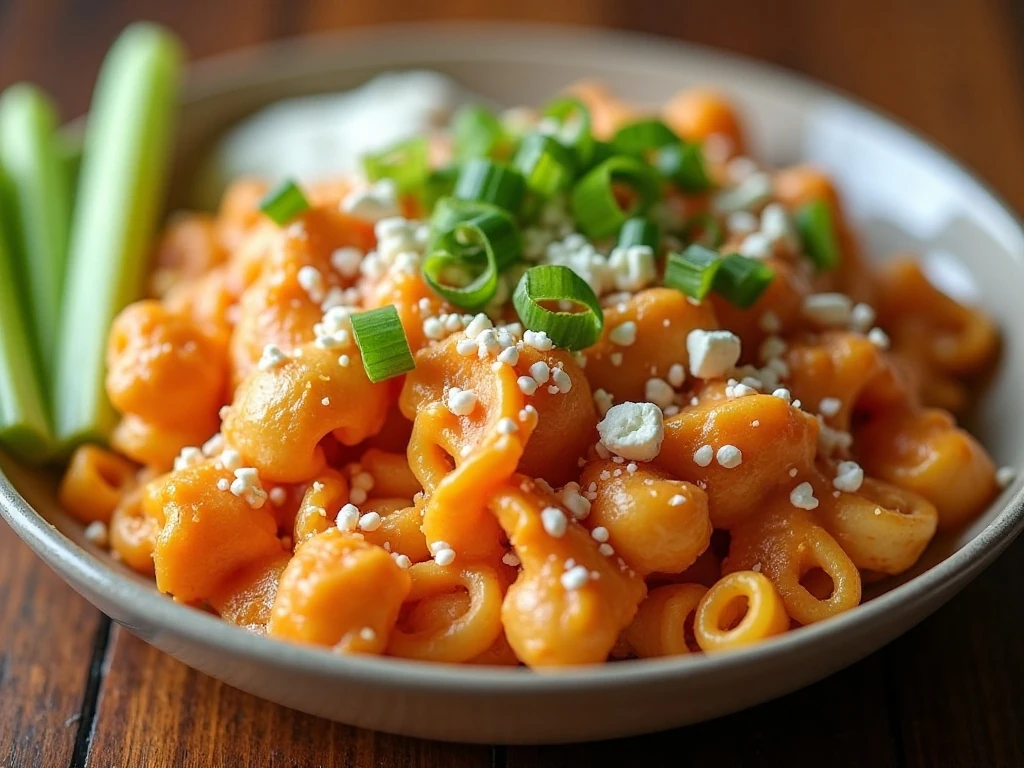 Buffalo chicken pasta topped with blue cheese and green onions served with ranch