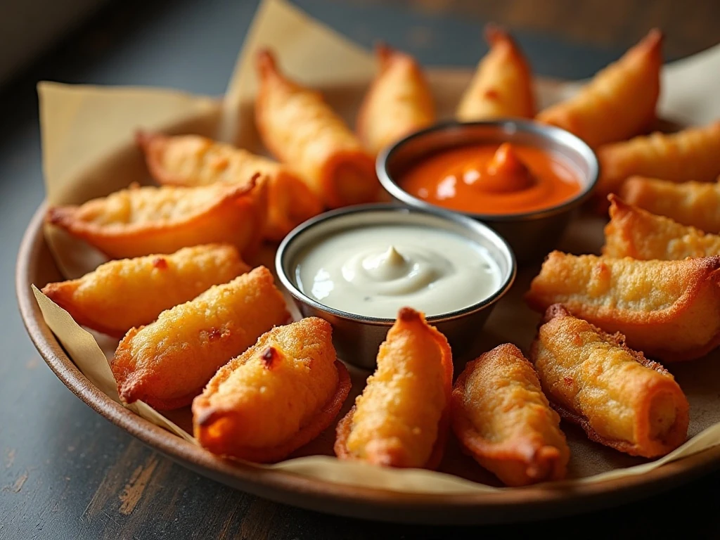 Crispy baked Buffalo chicken rangoons served with dipping sauces
