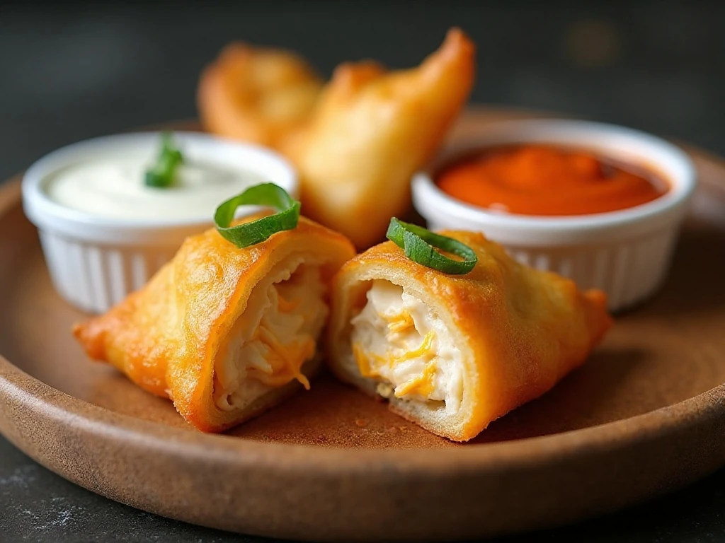 Close-up of Buffalo chicken rangoon filling with dipping sauces