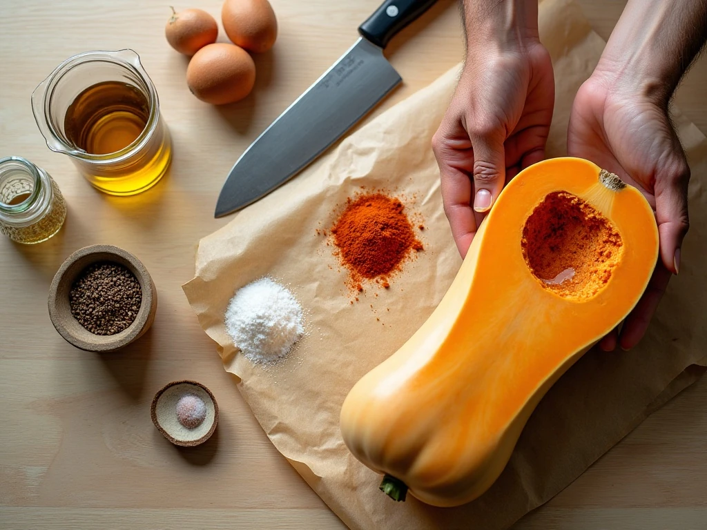 Ingredients for crispy baked butternut squash fries arranged on a counter
