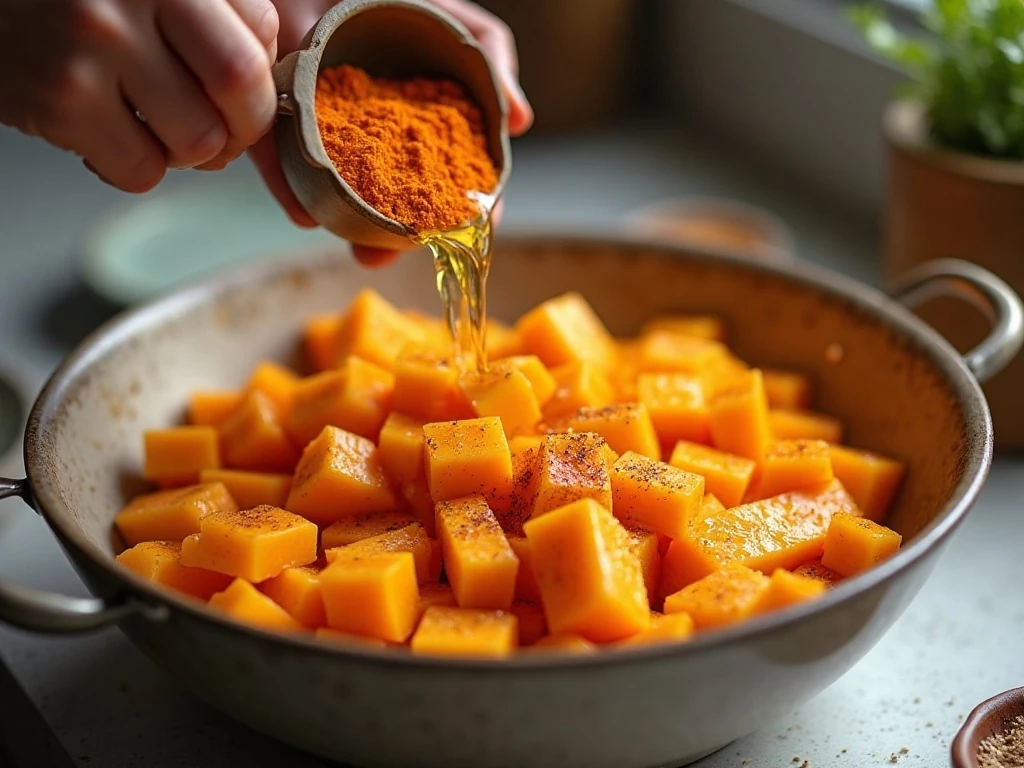 Butternut squash fries being coated with oil and seasonings before baking