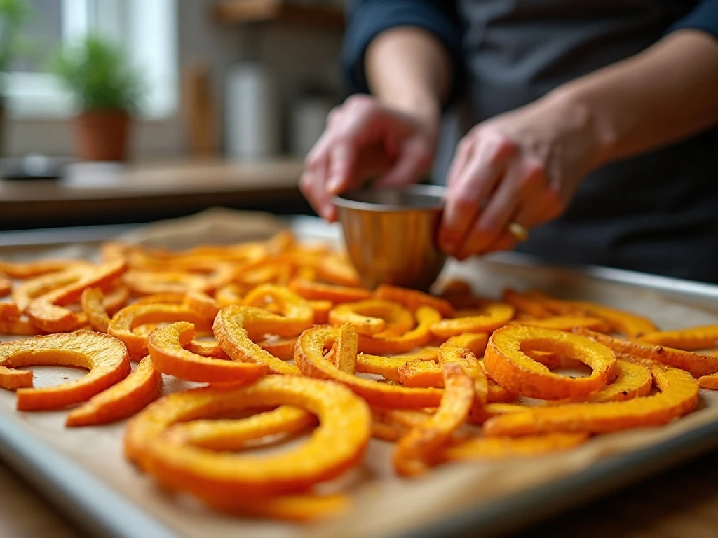 Butternut squash fries spaced apart on parchment-lined baking sheets