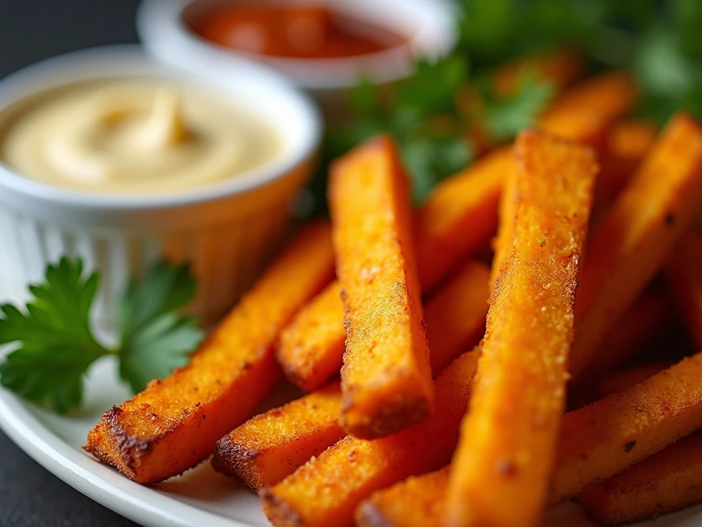 Baked butternut squash fries served with creamy dipping sauces