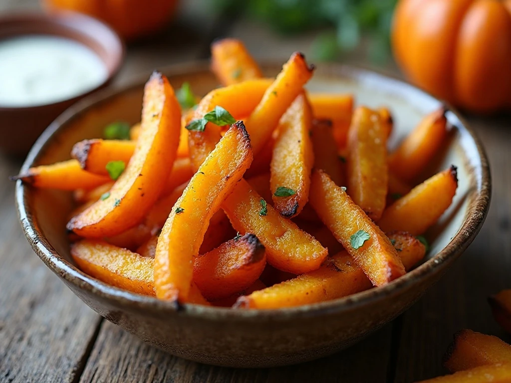 Crispy baked butternut squash fries ready to serve with dipping sauce