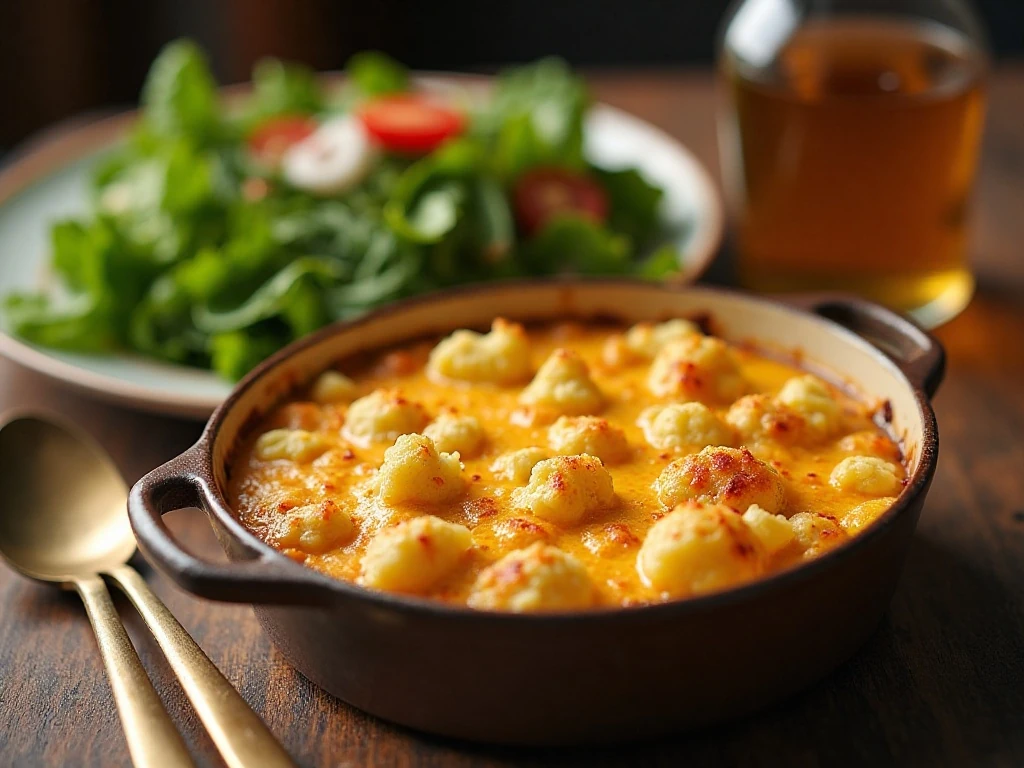 Serving of creamy baked cauliflower casserole with a golden cheese topping