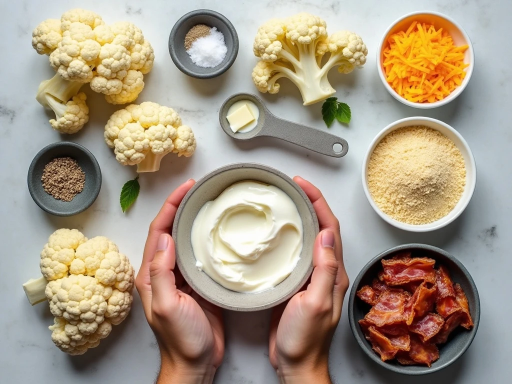 Ingredients for easy baked cauliflower casserole arranged on a counter