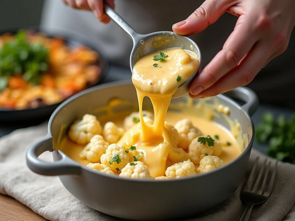Making creamy cheddar sauce for cauliflower casserole