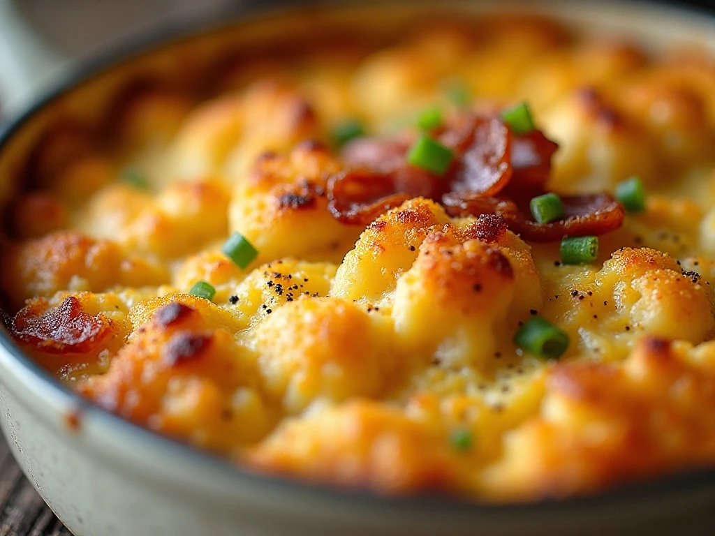 Close-up of browned cheese, breadcrumbs, and bacon on cauliflower casserole