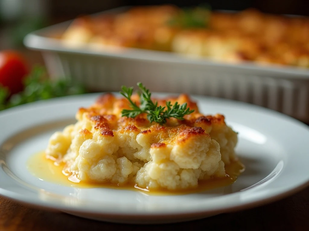 Golden cauliflower casserole with parsley and optional bacon topping