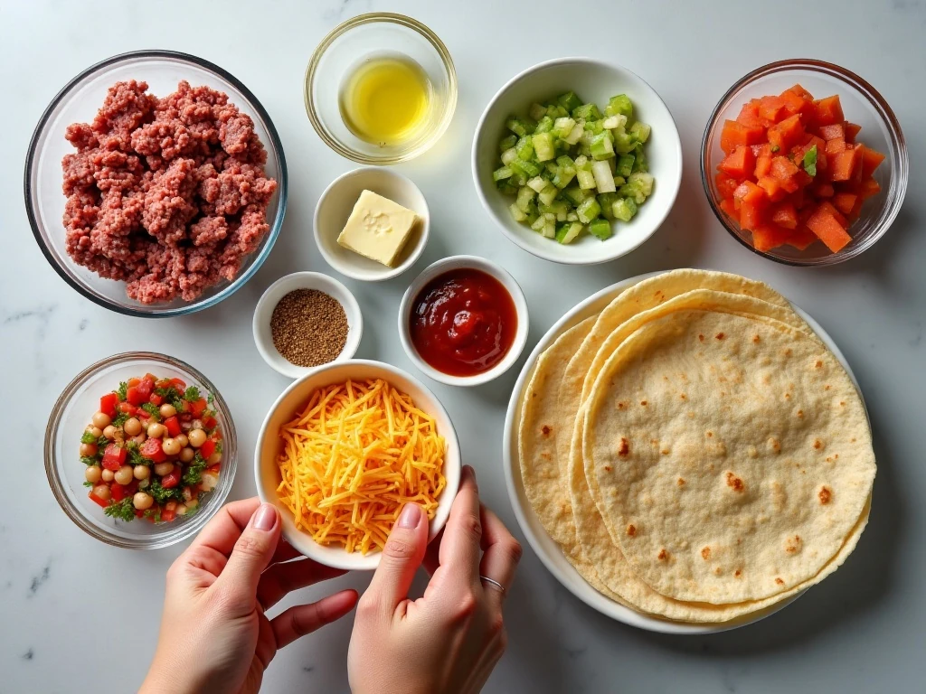 Ingredients for baked cheesy beef chimichangas arranged on a counter