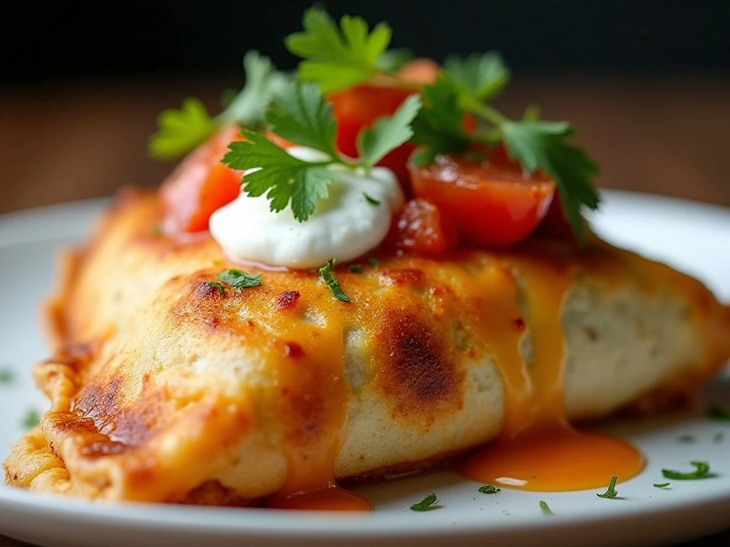 Close-up of a crispy beef chimichanga with fresh toppings
