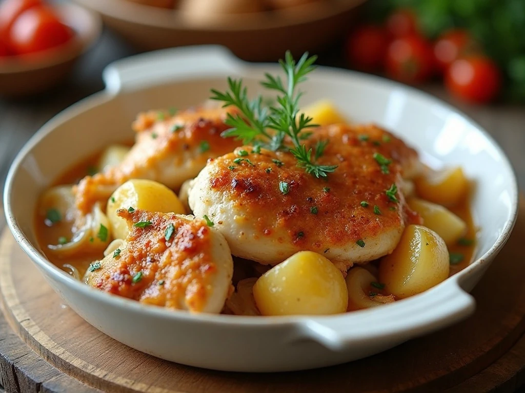 Easy baked chicken and potato casserole served for dinner