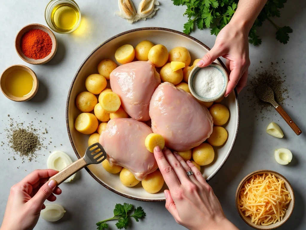 Ingredients for baked chicken and potato casserole