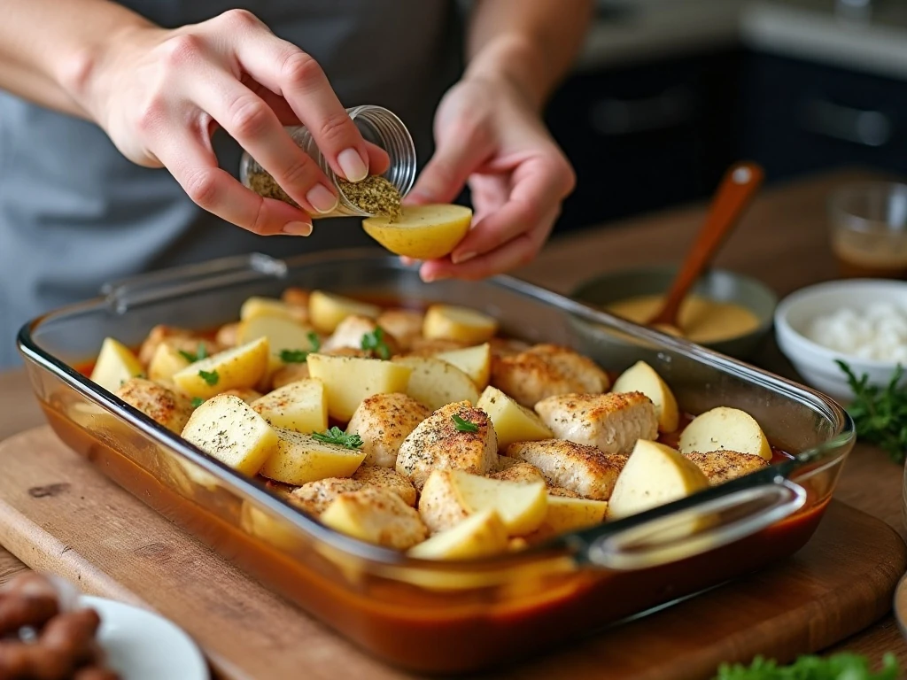 Arranging chicken potatoes and onion in a baking dish