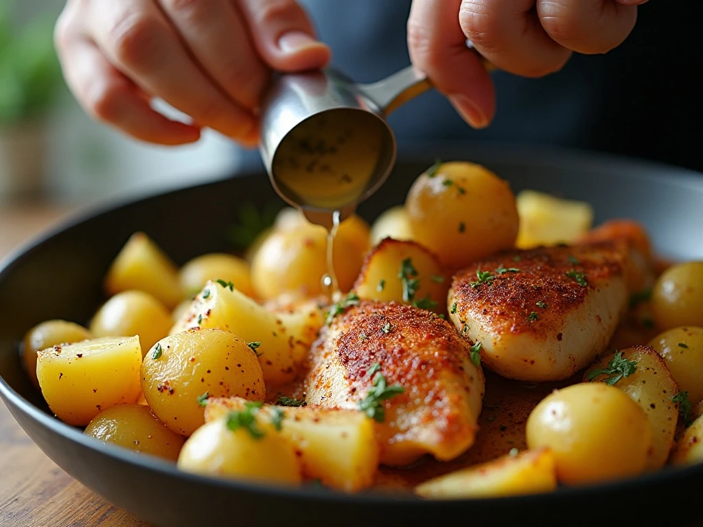 Seasoning evenly cut potatoes for chicken casserole