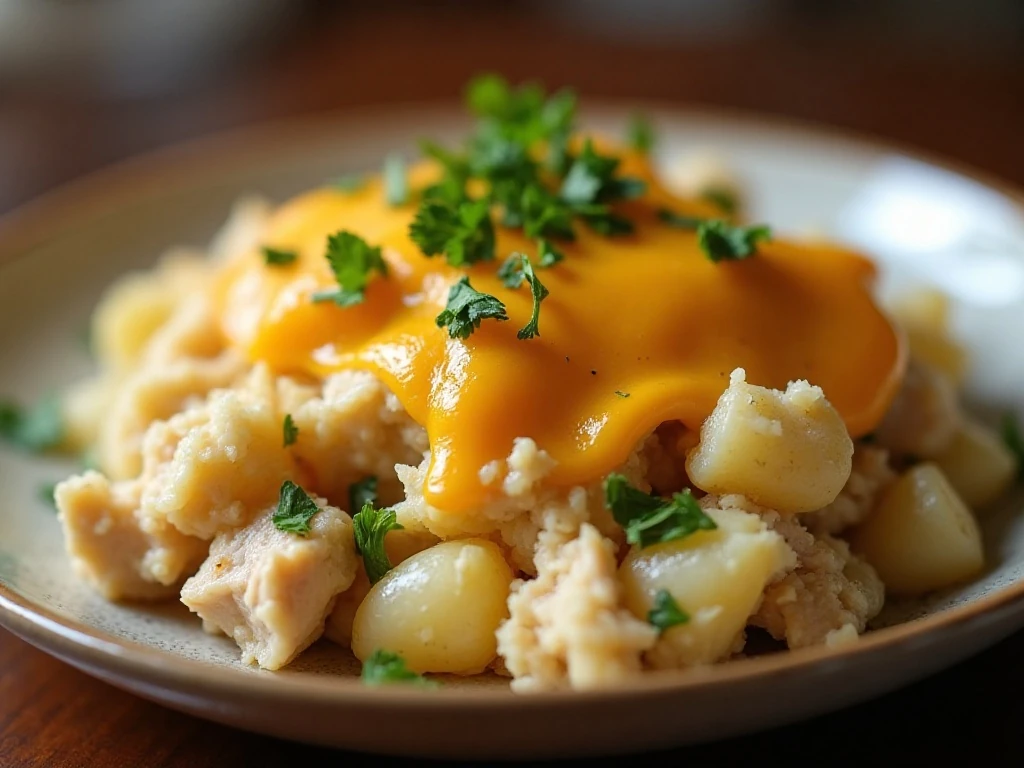 Close-up serving of reheated chicken and potato casserole with parsley