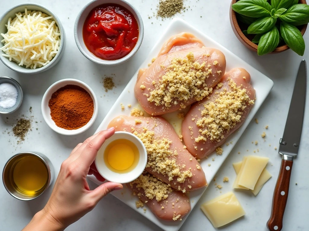 Ingredients for easy baked chicken Parmesan arranged on a kitchen counter