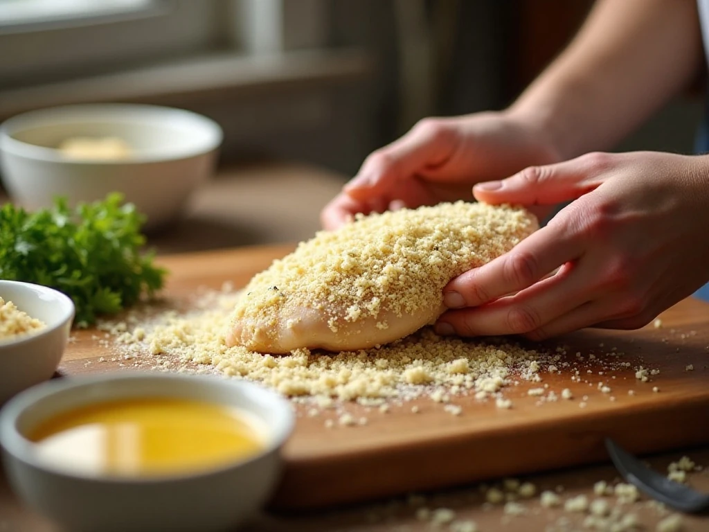 Chicken being coated in seasoned breadcrumbs for baked chicken Parmesan