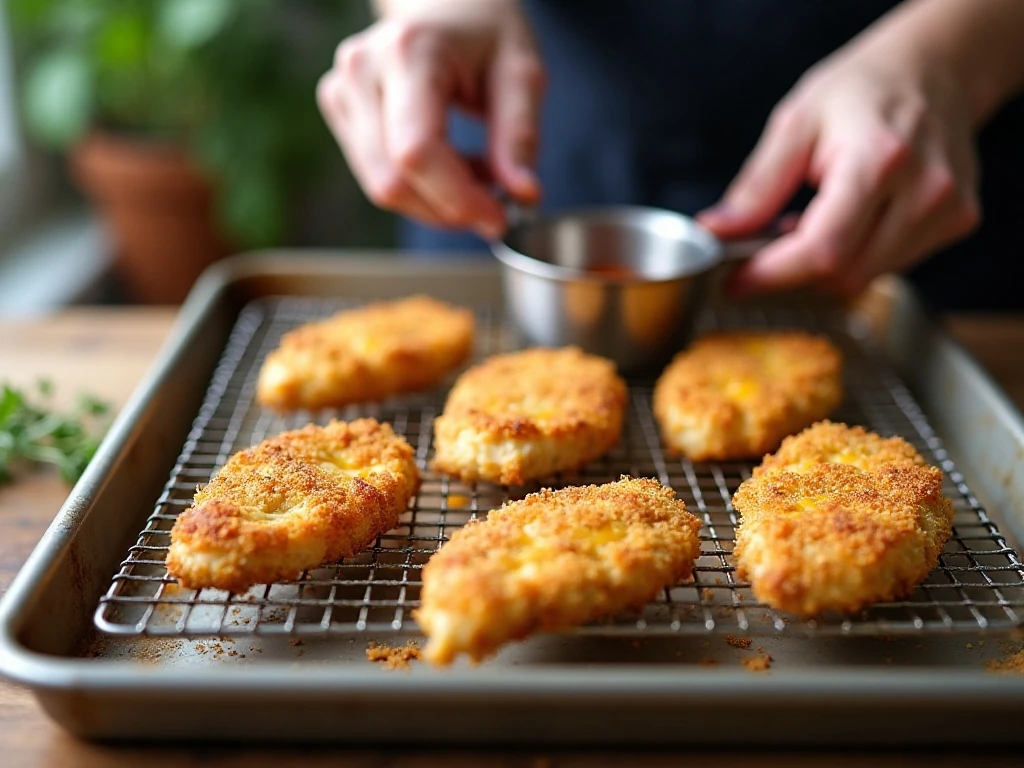 Breaded chicken cutlets on a wire rack for a crisp baked coating