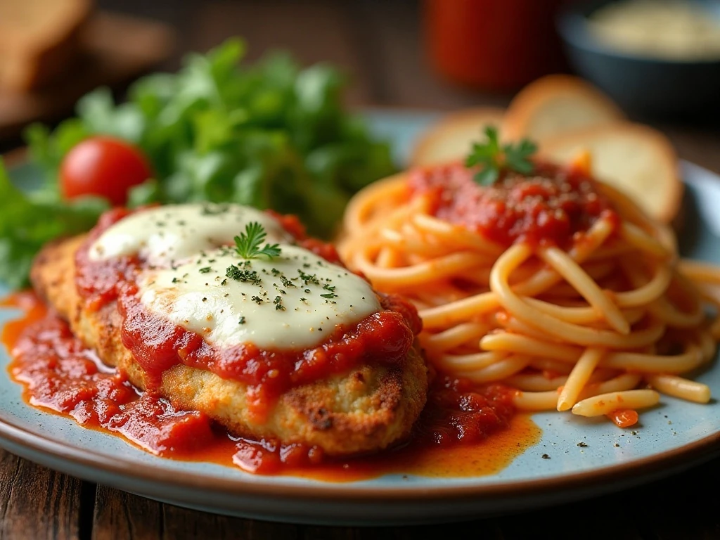 Baked chicken Parmesan served with spaghetti garlic bread and salad
