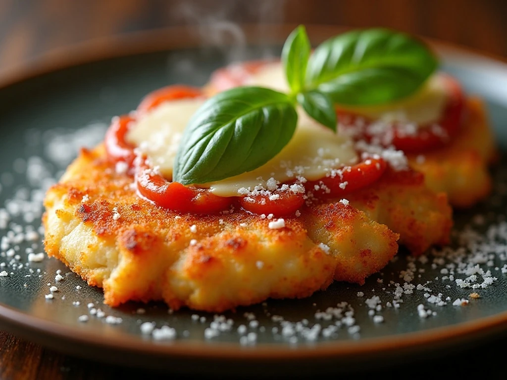 Close-up of cheesy baked chicken Parmesan with fresh basil garnish