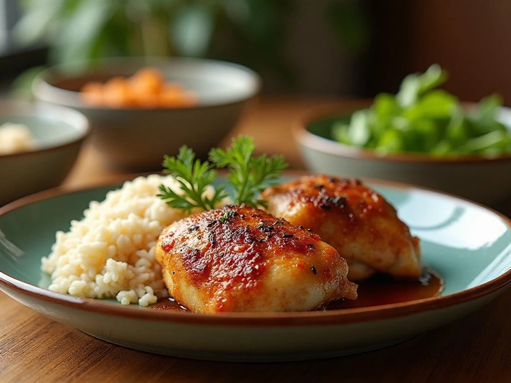 Golden baked chicken thighs with brown sugar seasoning served for dinner