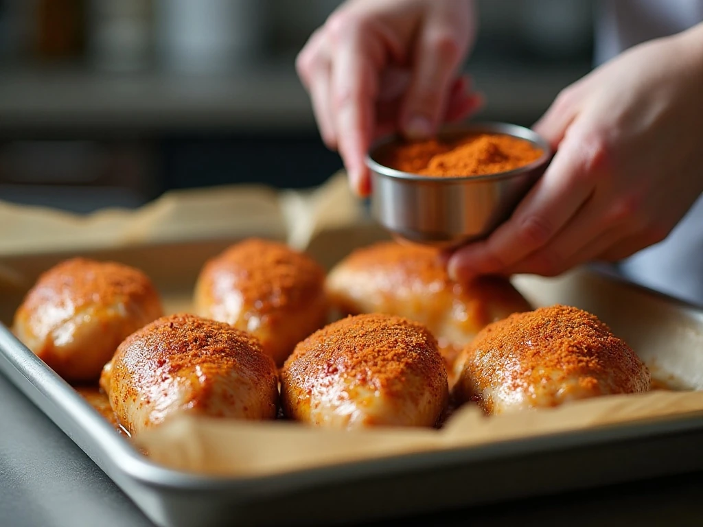 Coating chicken thighs with brown sugar garlic seasoning before baking