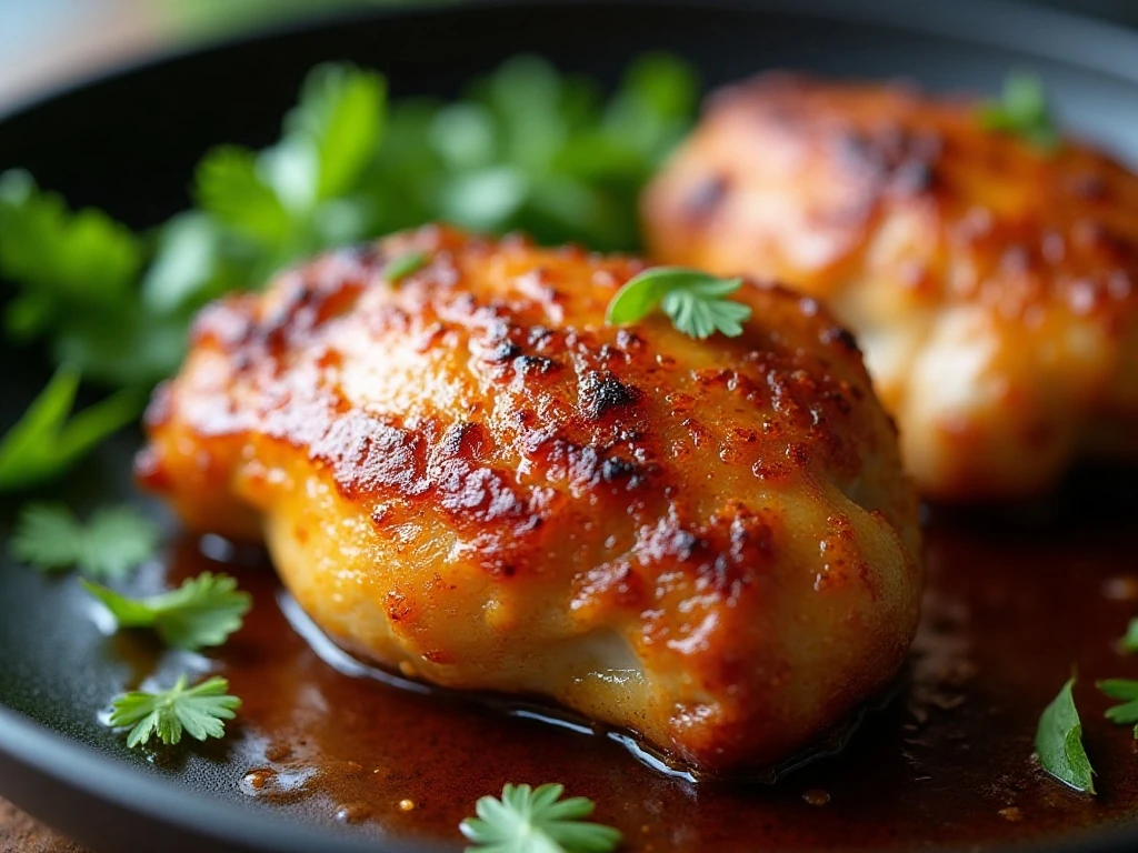 Close-up of crisp caramelized skin on brown sugar chicken thighs