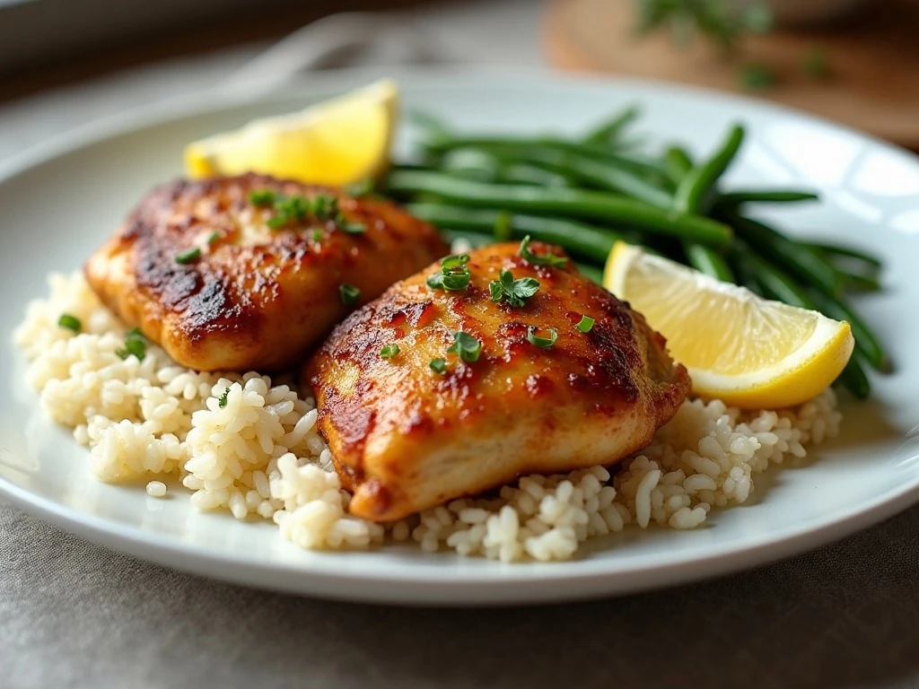 Brown sugar chicken thighs served with rice and green beans